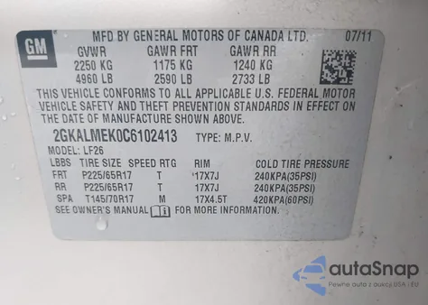 2012 GMC Terrain Sle-1 z USA, uszkodzony, nr VIN 2GKALMEK0C6102413